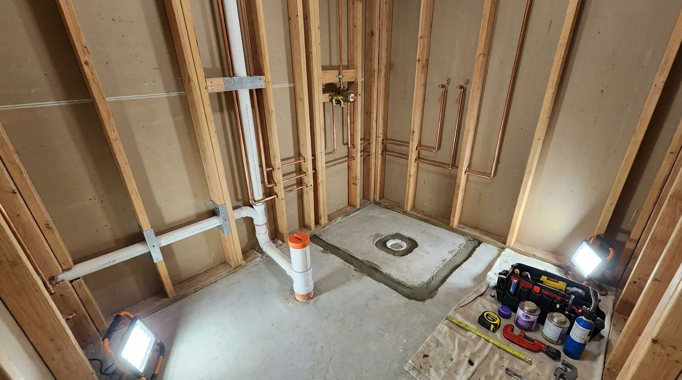 Bathroom rough-in plumbing during remodel by Johns Plumbing LLC in Paynesville
