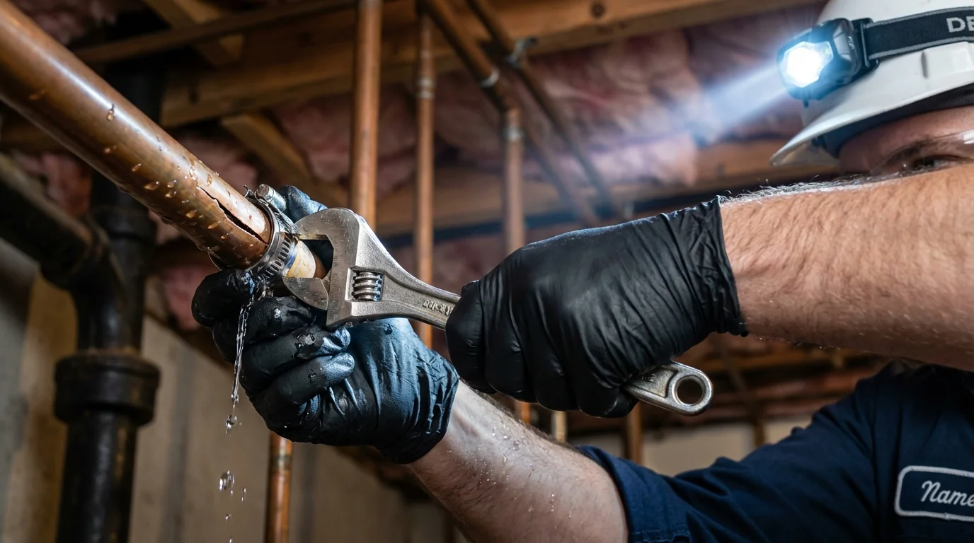 Emergency pipe clamp repair being performed by a Johns Plumbing LLC plumber in Paynesville