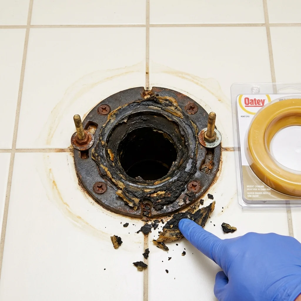 Failed wax ring showing water seepage at the base of a toilet in a Paynesville, MN home