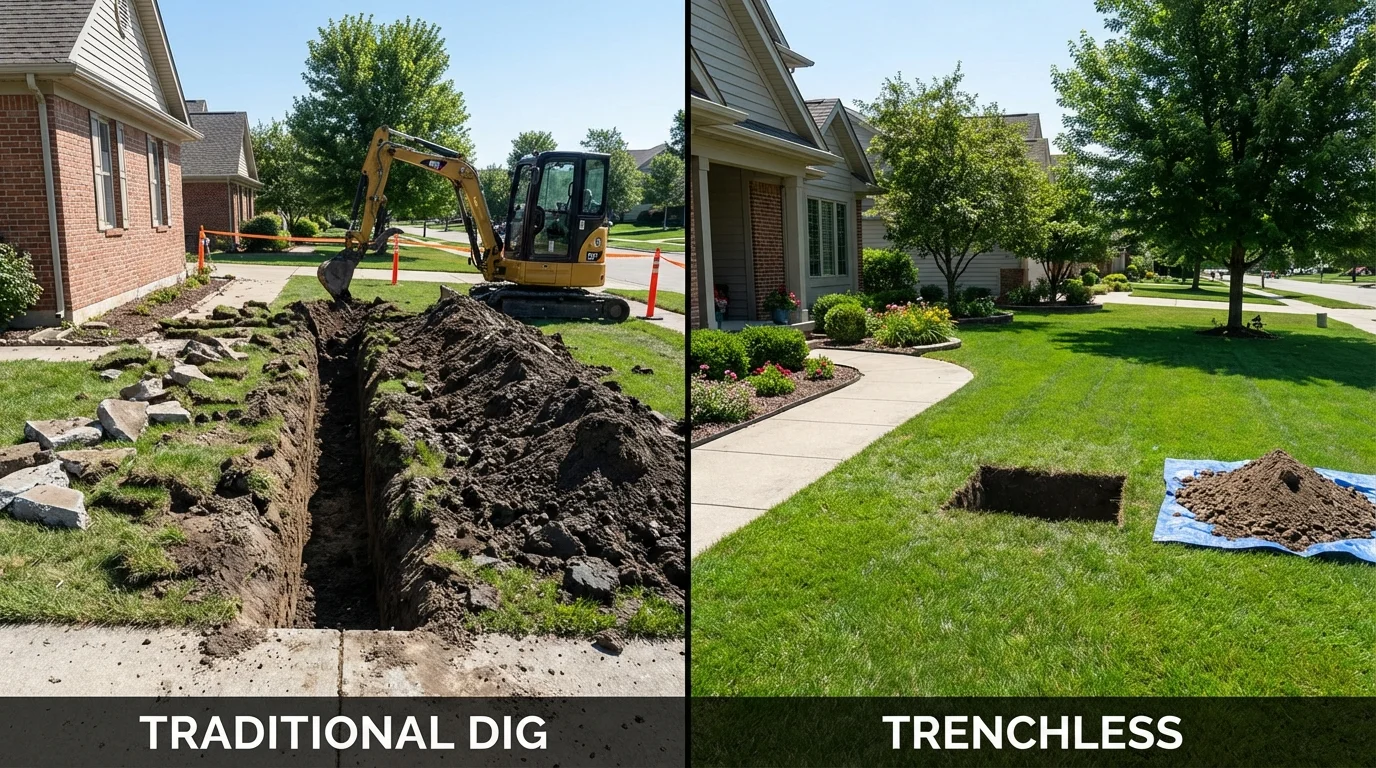 Trenchless sewer repair with minimal yard damage versus traditional excavation in Paynesville, MN