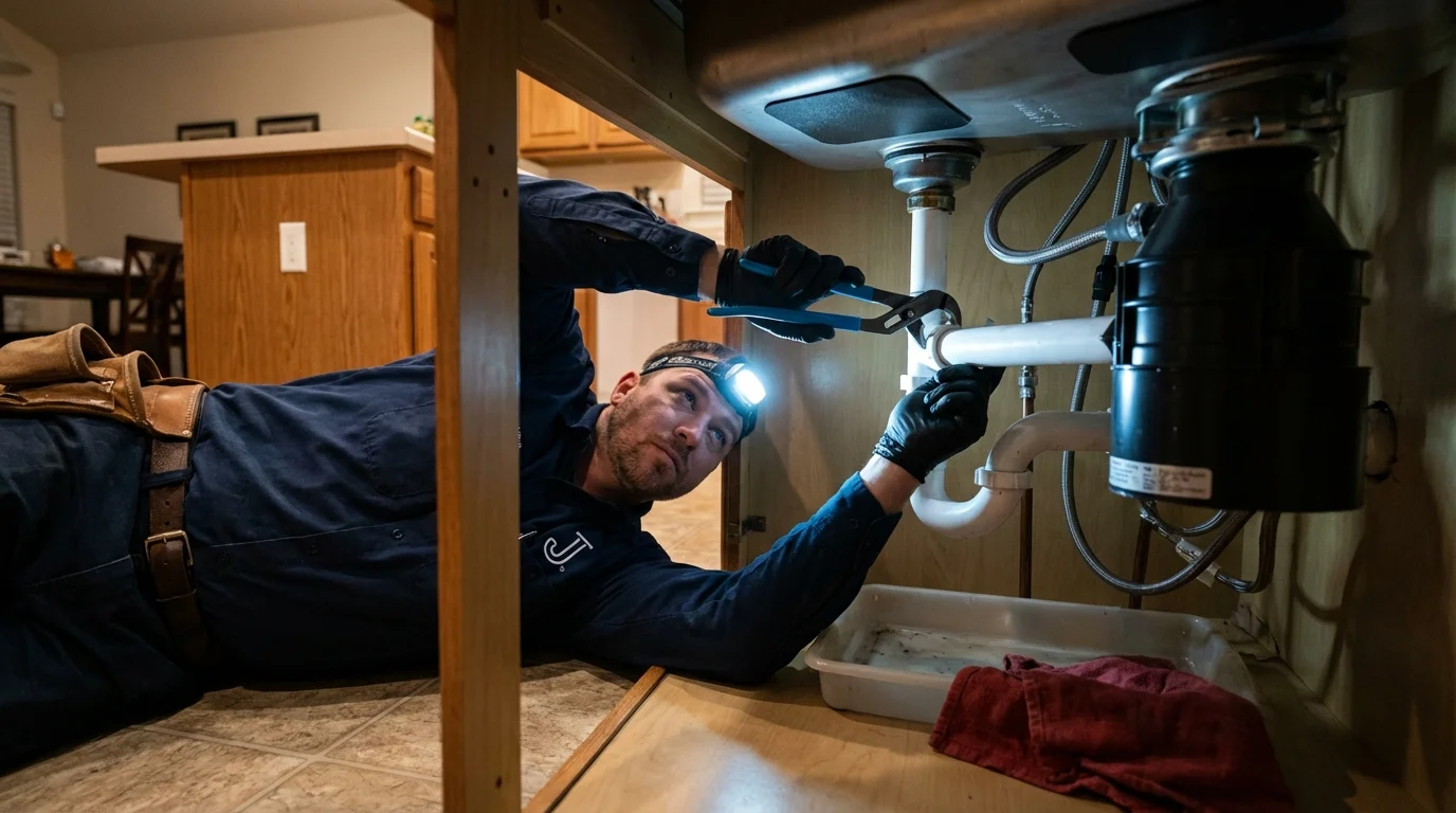 P-trap and supply line connections under a kitchen sink showing a common leak point in Paynesville, MN